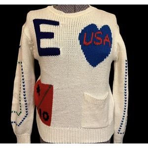 80s Abstract Letter E Knit Sweater White Women Small / Girls Large